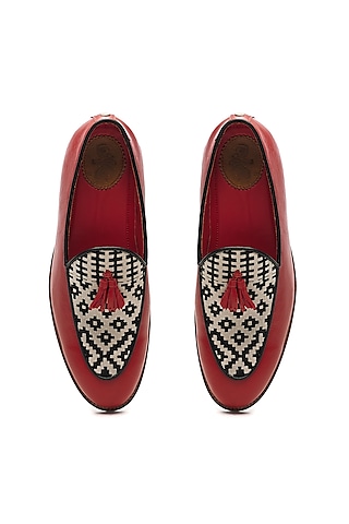 Red Genuine Leather & Jacquard Slip-Ons by Banjaaran Studio