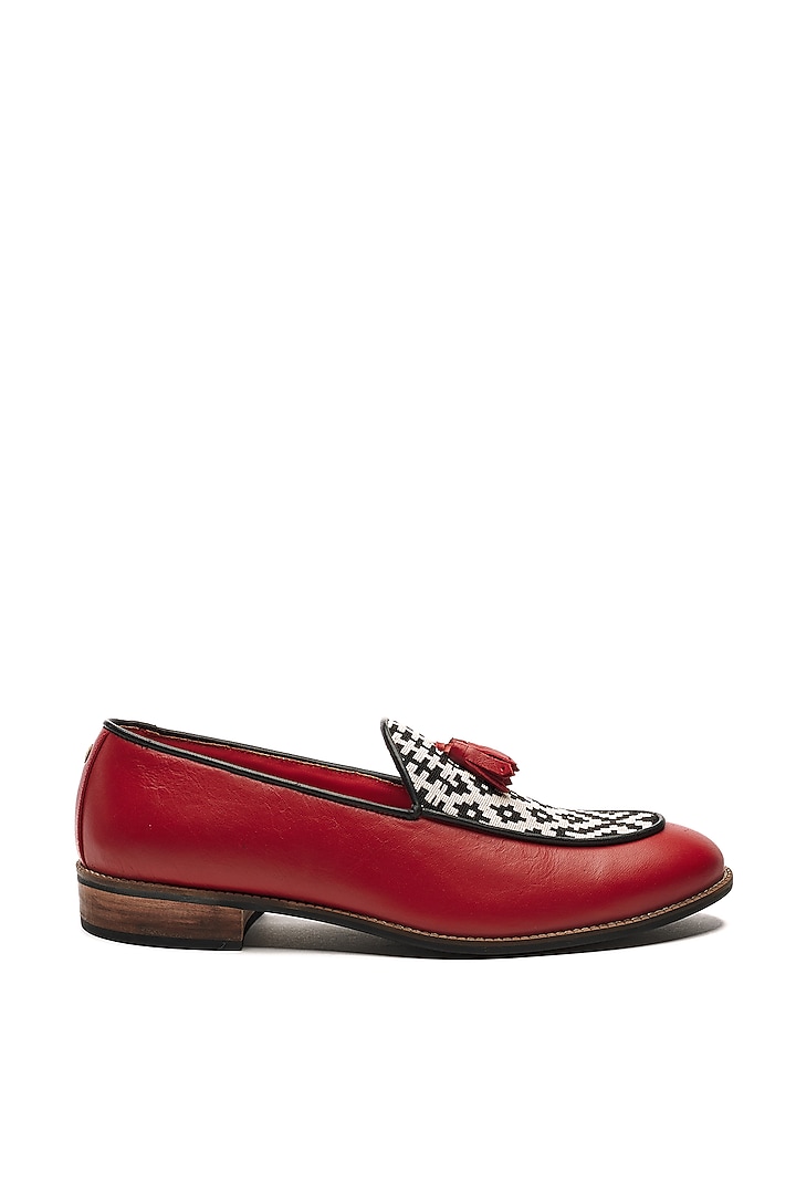 Red Genuine Leather & Jacquard Slip-Ons by Banjaaran Studio at Pernia's Pop Up Shop