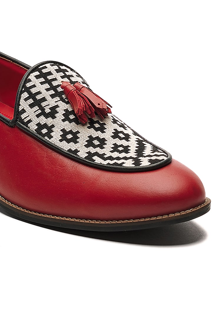 Red Genuine Leather & Jacquard Slip-Ons by Banjaaran Studio at Pernia's Pop Up Shop