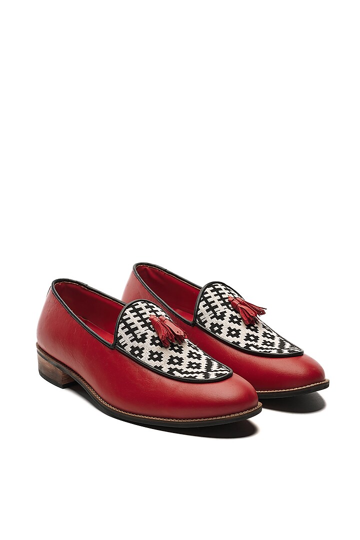 Red Genuine Leather & Jacquard Slip-Ons by Banjaaran Studio at Pernia's Pop Up Shop