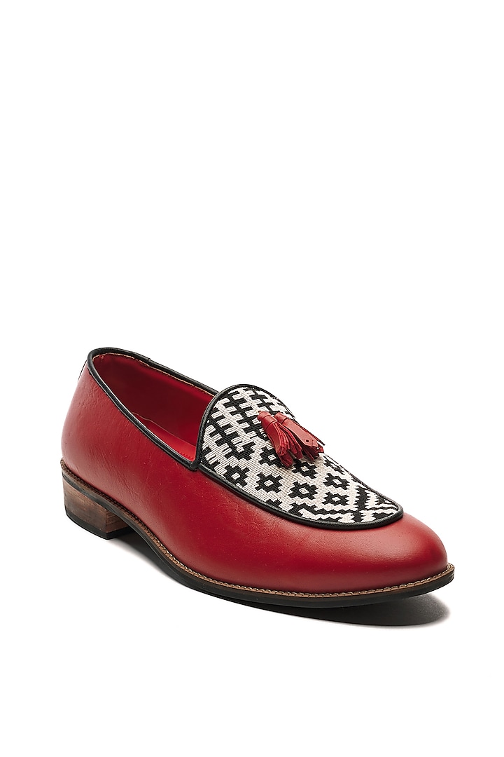 Red Genuine Leather & Jacquard Slip-Ons by Banjaaran Studio at Pernia's Pop Up Shop