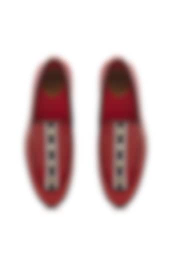 Red Genuine Leather Embellished Handcrafted Slip-Ons by Banjaaran Studio