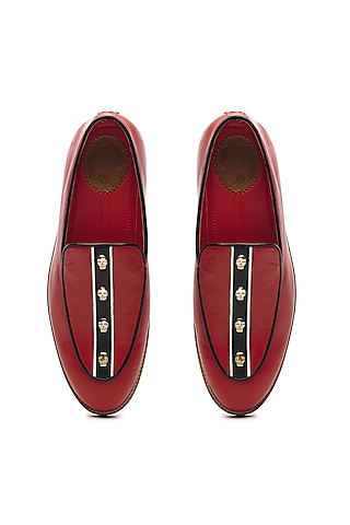 Red Genuine Leather Embellished Handcrafted Slip-Ons by Banjaaran Studio