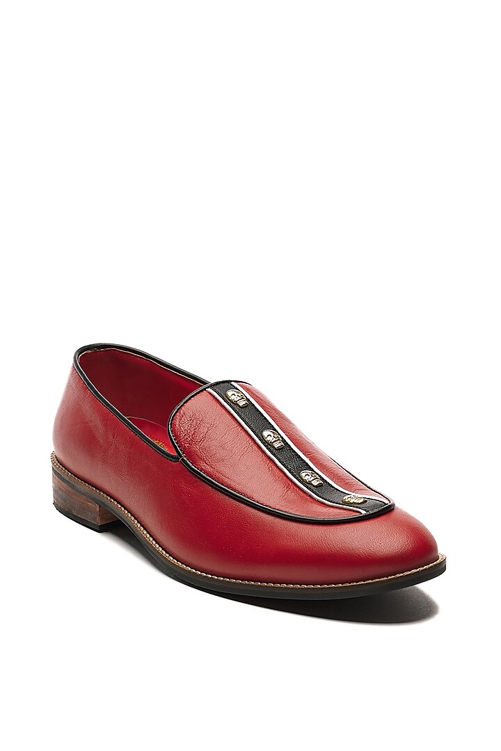 Red Genuine Leather Embellished Handcrafted Slip-Ons by Banjaaran Studio at Pernia's Pop Up Shop