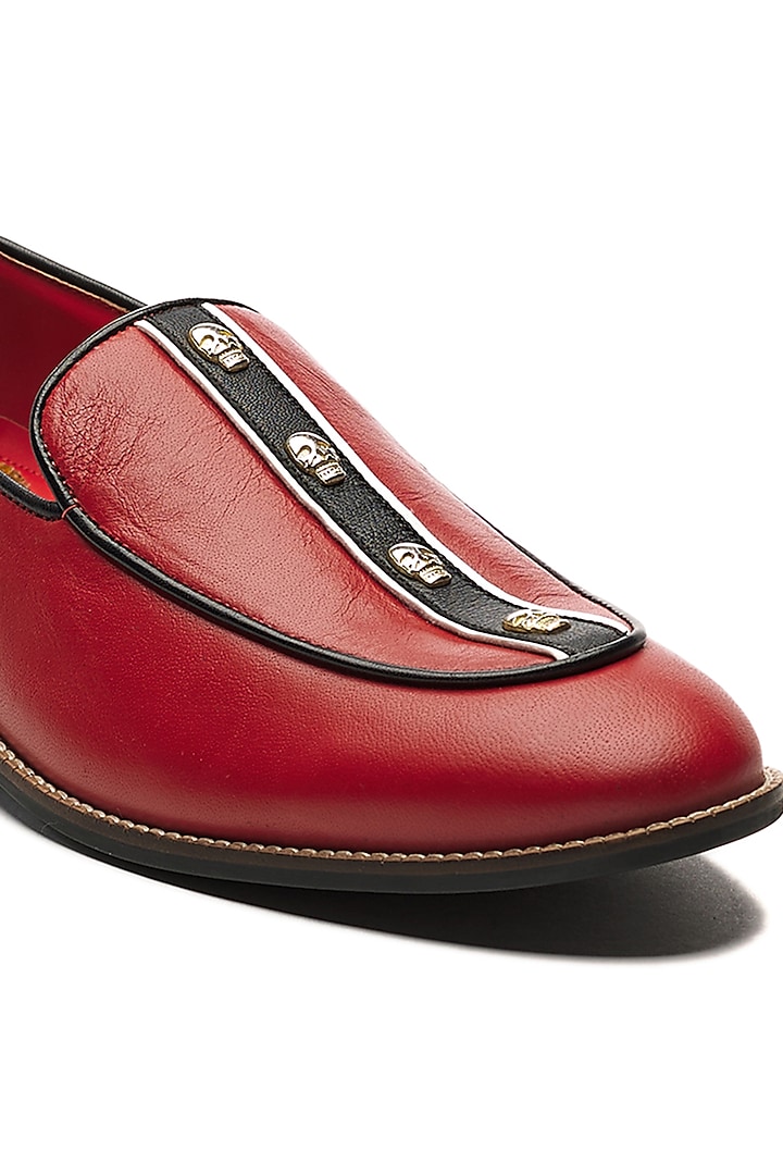 Red Genuine Leather Embellished Handcrafted Slip-Ons by Banjaaran Studio at Pernia's Pop Up Shop