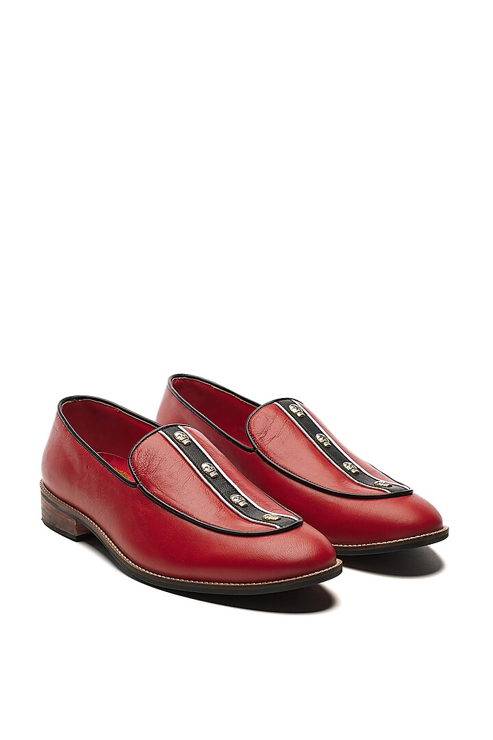 Red Genuine Leather Embellished Handcrafted Slip-Ons by Banjaaran Studio at Pernia's Pop Up Shop