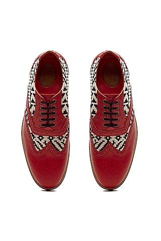 Red Genuine Leather & Woven Jacquard Brogues by Banjaaran Studio