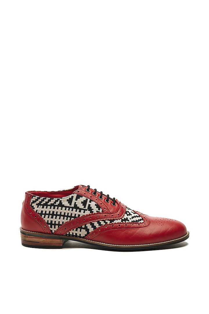 Red Genuine Leather & Woven Jacquard Brogues by Banjaaran Studio at Pernia's Pop Up Shop
