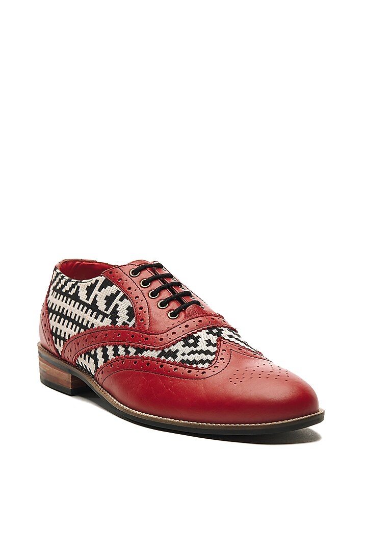 Red Genuine Leather & Woven Jacquard Brogues by Banjaaran Studio at Pernia's Pop Up Shop