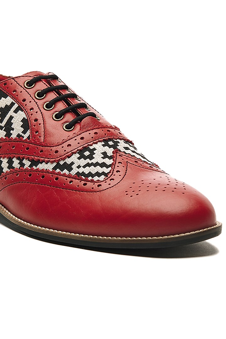 Red Genuine Leather & Woven Jacquard Brogues by Banjaaran Studio at Pernia's Pop Up Shop