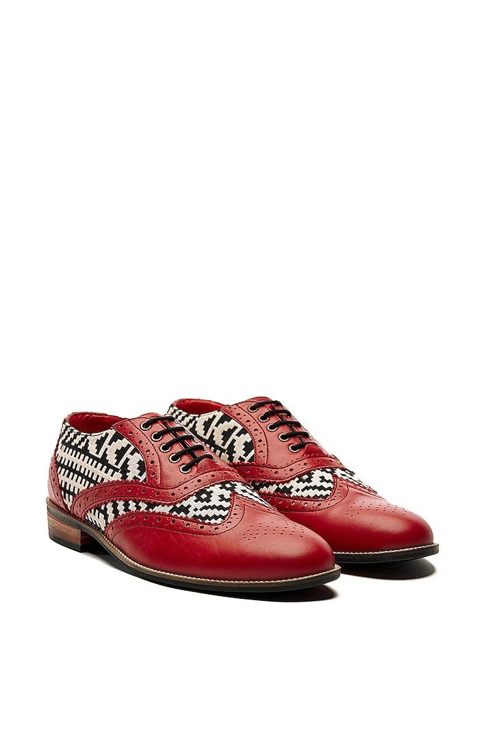 Red Genuine Leather & Woven Jacquard Brogues by Banjaaran Studio at Pernia's Pop Up Shop