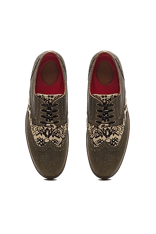 Olive Green Genuine Leather Embellished Handcrafted Slip-Ons by Banjaaran Studio
