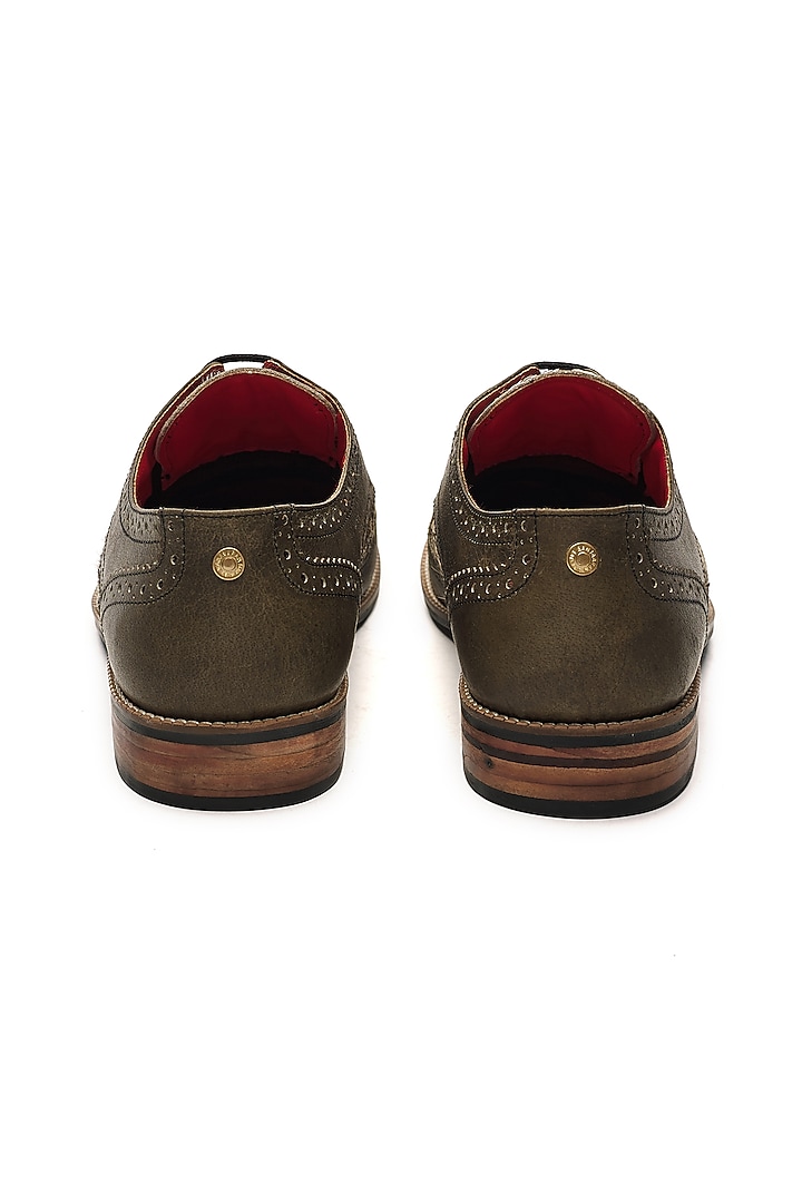 Olive Green Genuine Leather Embellished Handcrafted Slip-Ons by Banjaaran Studio at Pernia's Pop Up Shop