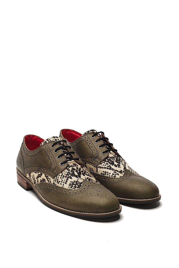 Olive Green Genuine Leather Embellished Handcrafted Slip-Ons by Banjaaran Studio at Pernia's Pop Up Shop