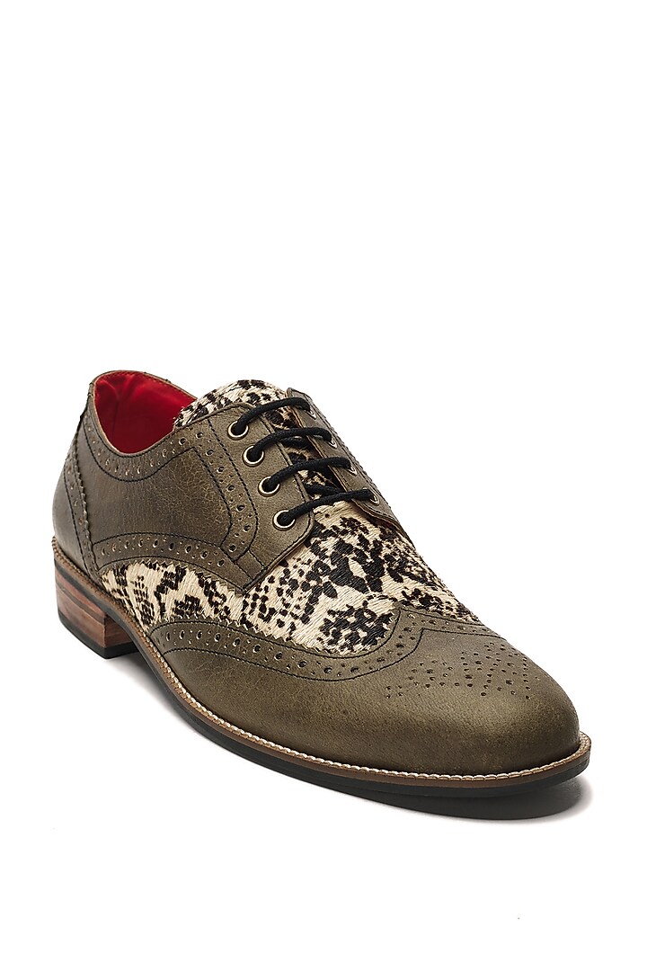 Olive Green Genuine Leather Embellished Handcrafted Slip-Ons by Banjaaran Studio at Pernia's Pop Up Shop