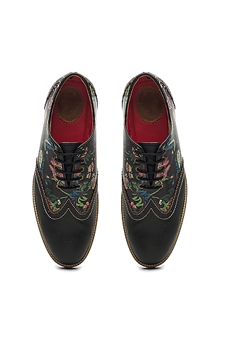 Black Faux Leather & Genuine Leather Printed Brogues by Banjaaran Studio