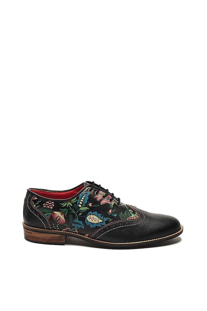 Black Faux Leather & Genuine Leather Printed Brogues by Banjaaran Studio at Pernia's Pop Up Shop
