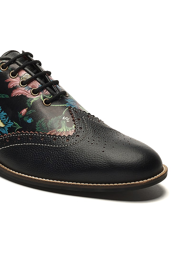Black Faux Leather & Genuine Leather Printed Brogues by Banjaaran Studio at Pernia's Pop Up Shop