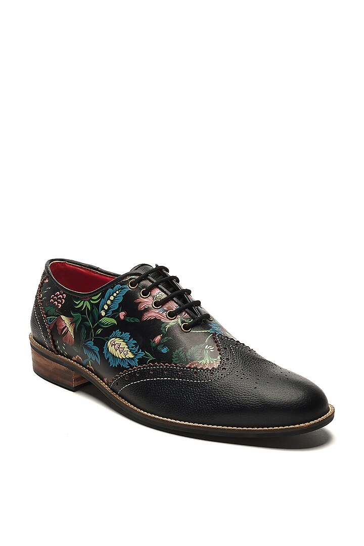 Black Faux Leather & Genuine Leather Printed Brogues by Banjaaran Studio at Pernia's Pop Up Shop
