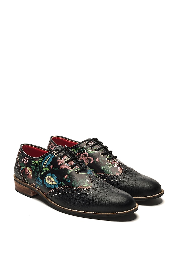 Black Faux Leather & Genuine Leather Printed Brogues by Banjaaran Studio at Pernia's Pop Up Shop