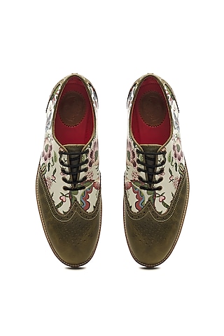 Olive Green & White Genuine Leather Printed Brogues by Banjaaran Studio