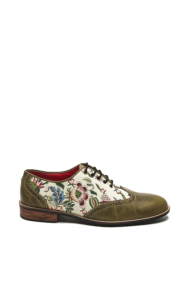 Olive Green & White Genuine Leather Printed Brogues by Banjaaran Studio at Pernia's Pop Up Shop