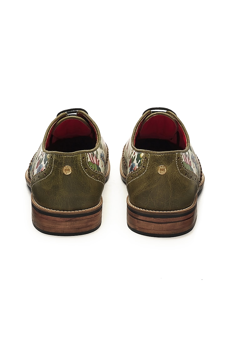 Olive Green & White Genuine Leather Printed Brogues by Banjaaran Studio at Pernia's Pop Up Shop