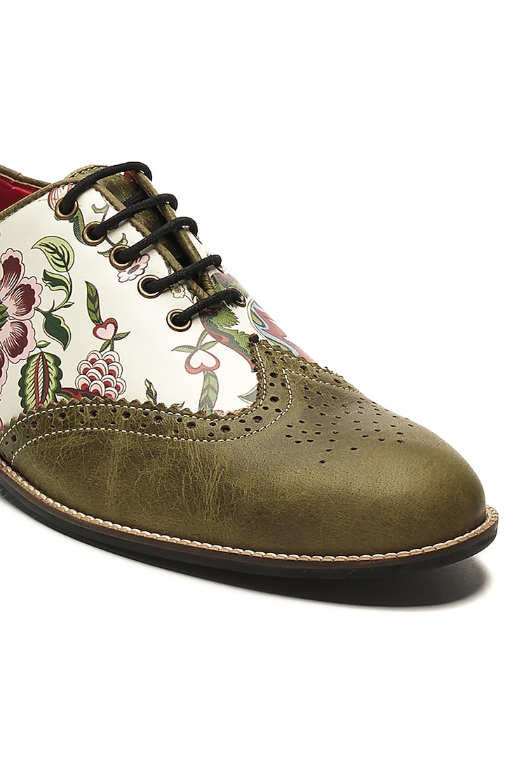Olive Green & White Genuine Leather Printed Brogues by Banjaaran Studio at Pernia's Pop Up Shop