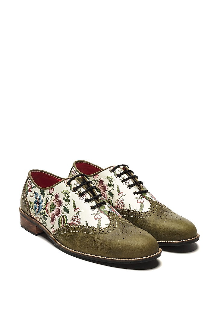 Olive Green & White Genuine Leather Printed Brogues by Banjaaran Studio at Pernia's Pop Up Shop