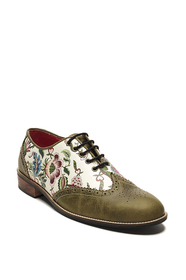 Olive Green & White Genuine Leather Printed Brogues by Banjaaran Studio at Pernia's Pop Up Shop