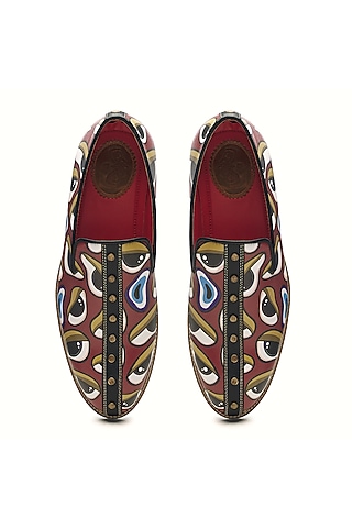 Red Genuine Leather Motf Printed Slip-Ons by Banjaaran Studio