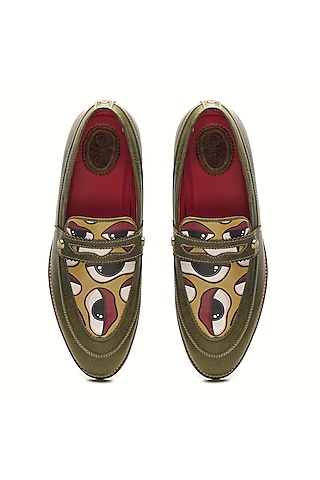 Olive Green Genuine Leather Printed Slip-On Shoes by Banjaaran Studio