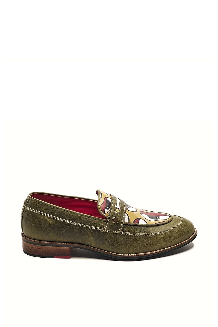 Olive Green Genuine Leather Printed Slip-On Shoes by Banjaaran Studio at Pernia's Pop Up Shop