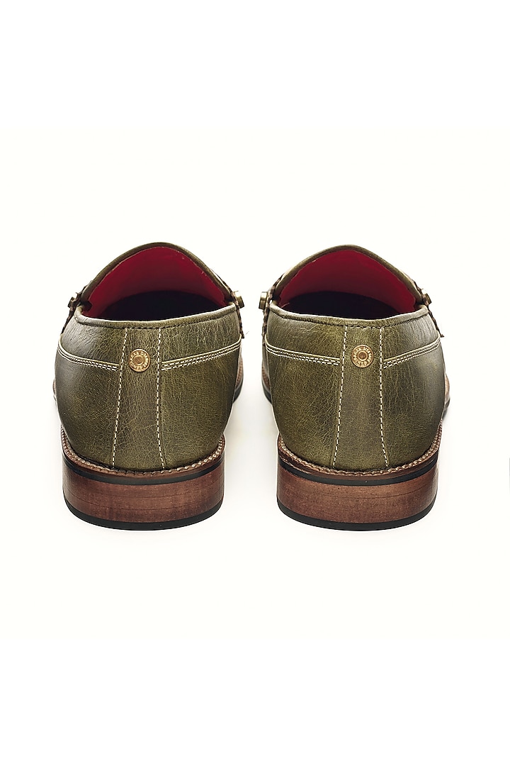 Olive Green Genuine Leather Printed Slip-On Shoes by Banjaaran Studio at Pernia's Pop Up Shop