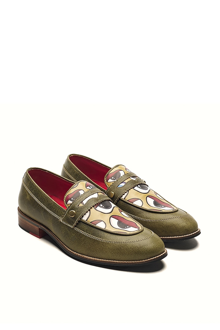 Olive Green Genuine Leather Printed Slip-On Shoes by Banjaaran Studio at Pernia's Pop Up Shop