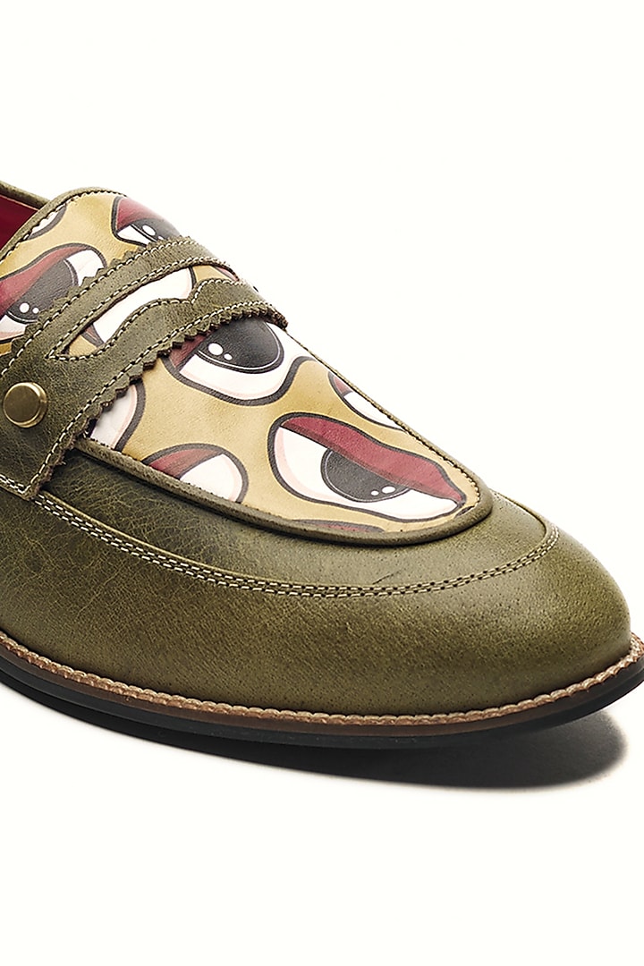 Olive Green Genuine Leather Printed Slip-On Shoes by Banjaaran Studio at Pernia's Pop Up Shop