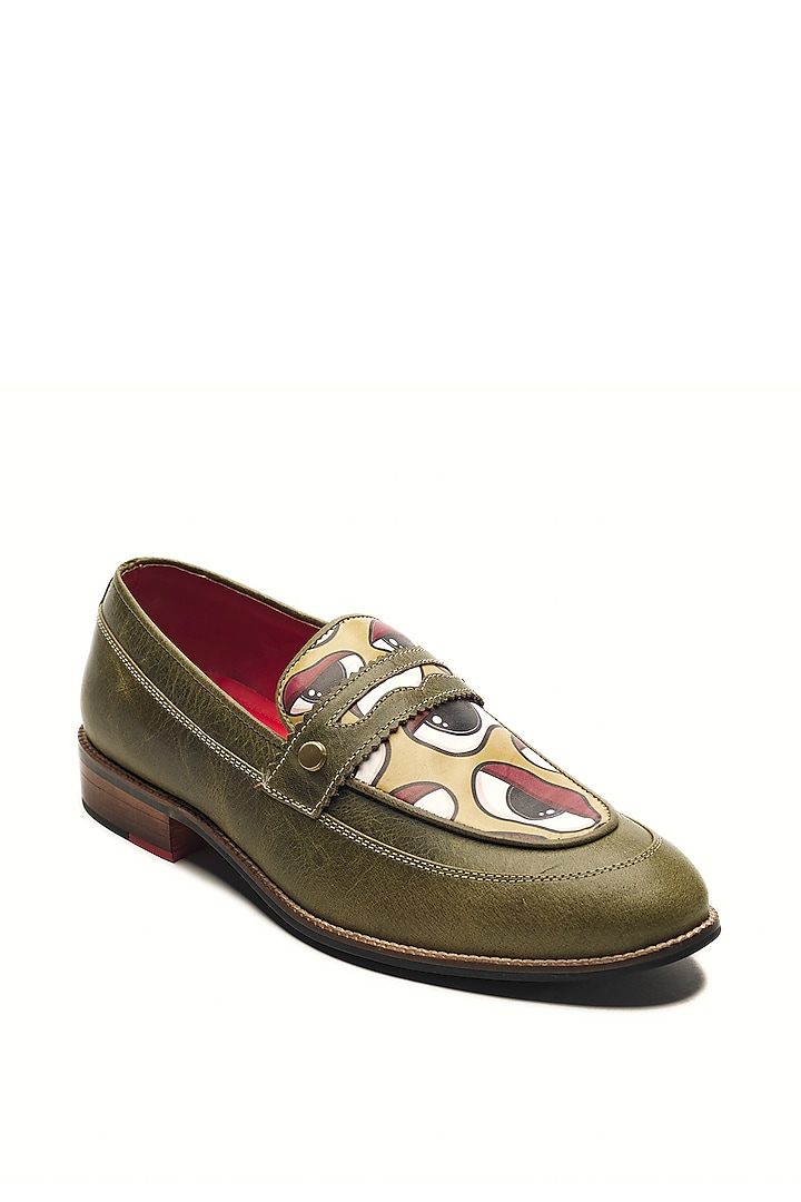 Olive Green Genuine Leather Printed Slip-On Shoes by Banjaaran Studio at Pernia's Pop Up Shop