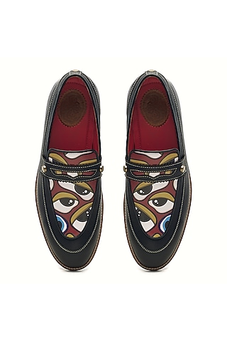 Black Genuine Leather Motif Printed Slip-On Shoes by Banjaaran Studio