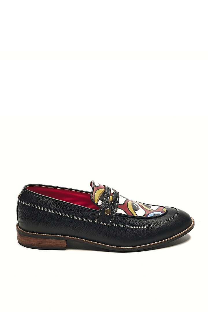 Black Genuine Leather Motif Printed Slip-On Shoes by Banjaaran Studio at Pernia's Pop Up Shop