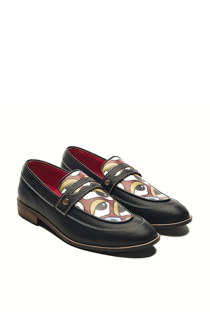 Black Genuine Leather Motif Printed Slip-On Shoes by Banjaaran Studio at Pernia's Pop Up Shop