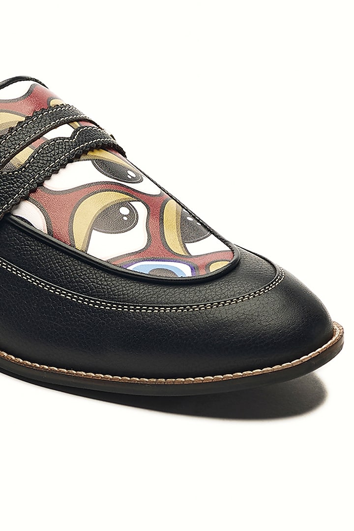 Black Genuine Leather Motif Printed Slip-On Shoes by Banjaaran Studio at Pernia's Pop Up Shop