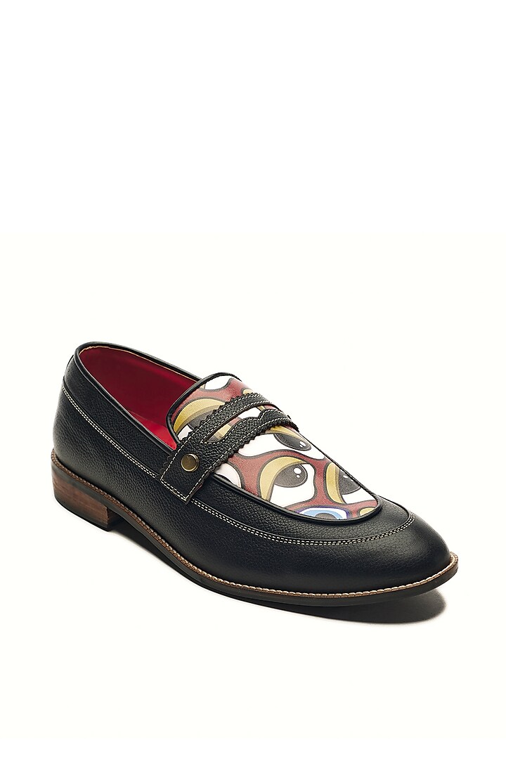 Black Genuine Leather Motif Printed Slip-On Shoes by Banjaaran Studio at Pernia's Pop Up Shop