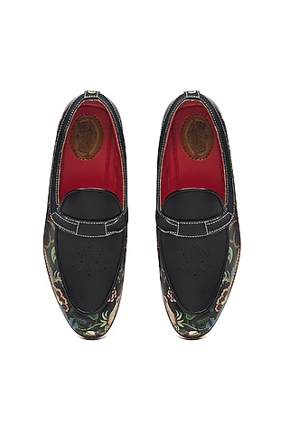 Black Faux Leather & Genuine Leather Printed Slip-Ons by Banjaaran Studio