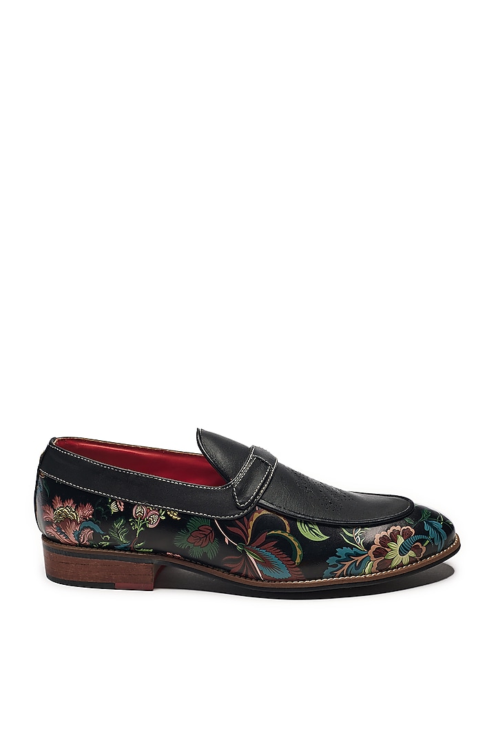 Black Faux Leather & Genuine Leather Printed Slip-Ons by Banjaaran Studio at Pernia's Pop Up Shop
