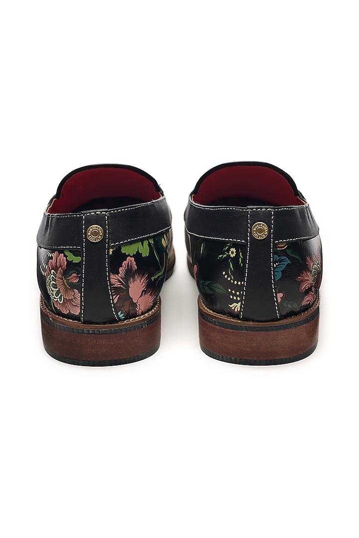 Black Faux Leather & Genuine Leather Printed Slip-Ons by Banjaaran Studio at Pernia's Pop Up Shop