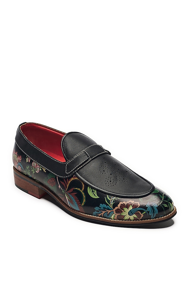 Black Faux Leather & Genuine Leather Printed Slip-Ons by Banjaaran Studio at Pernia's Pop Up Shop
