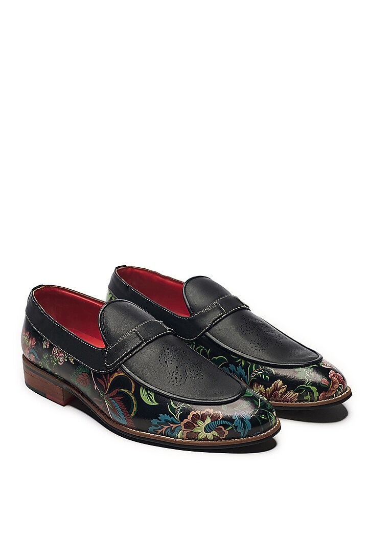 Black Faux Leather & Genuine Leather Printed Slip-Ons by Banjaaran Studio at Pernia's Pop Up Shop