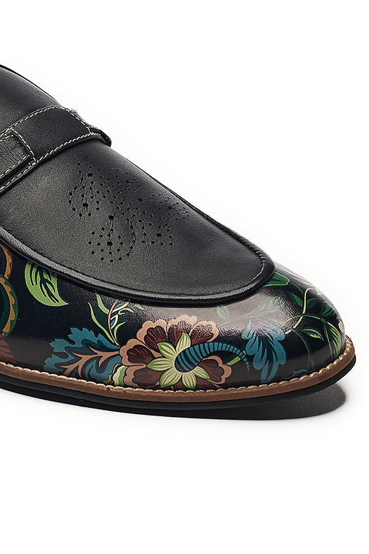 Black Faux Leather & Genuine Leather Printed Slip-Ons by Banjaaran Studio at Pernia's Pop Up Shop
