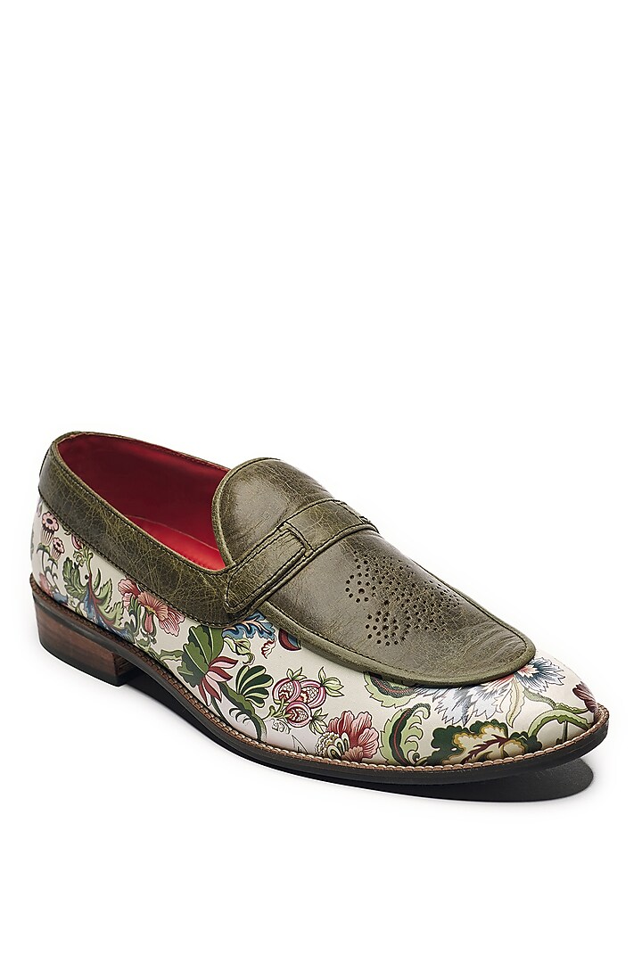 Black Faux Leather & Genuine Leather Printed Slip-On Shoes by Banjaaran Studio at Pernia's Pop Up Shop