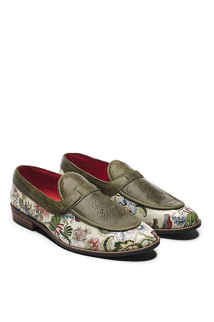 Black Faux Leather & Genuine Leather Printed Slip-On Shoes by Banjaaran Studio at Pernia's Pop Up Shop